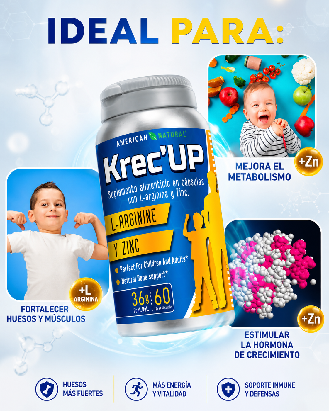 Krec Up 🌿 | Apoya el Crecimiento Saludable en Etapas Clave 📏   ⭐ 4.9 |+8  Reseñas  🌿 Complemento nutricional con L-Arginina y Zinc para apoyar el desarrollo  🔥 Más de 1.000 pedidos entregados en Colombia 📦 Alta demanda en las últimas semanas