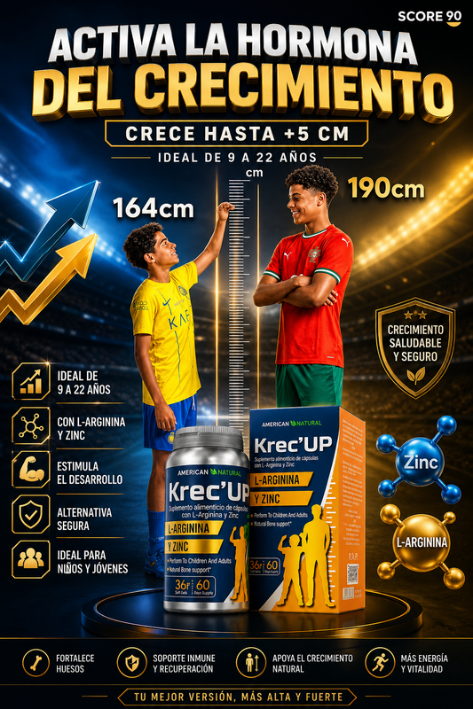 Krec Up 🌿 | Apoya el Crecimiento Saludable en Etapas Clave 📏   ⭐ 4.9 |+8  Reseñas  🌿 Complemento nutricional con L-Arginina y Zinc para apoyar el desarrollo  🔥 Más de 1.000 pedidos entregados en Colombia 📦 Alta demanda en las últimas semanas