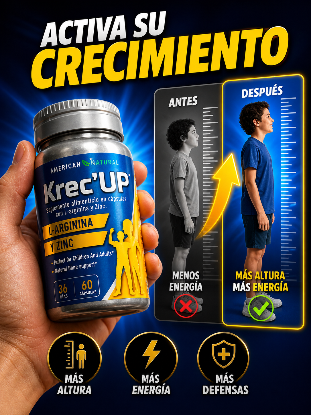 Krec Up 🌿 | Apoya el Crecimiento Saludable en Etapas Clave 📏   ⭐ 4.9 |+8  Reseñas  🌿 Complemento nutricional con L-Arginina y Zinc para apoyar el desarrollo  🔥 Más de 1.000 pedidos entregados en Colombia 📦 Alta demanda en las últimas semanas