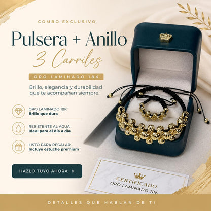 Gran Combo Pulsera + Anillo 3 Carriles en Oro Laminado 18K ✨